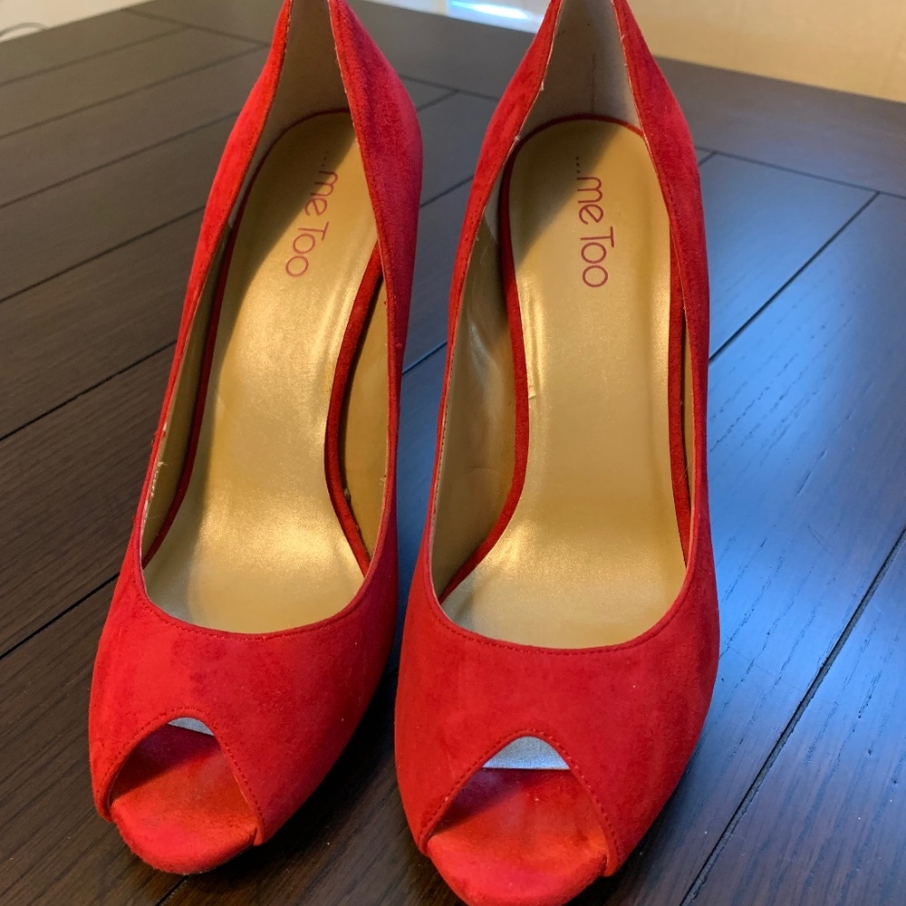 Me Too Red Suede Peep Toe Pumps